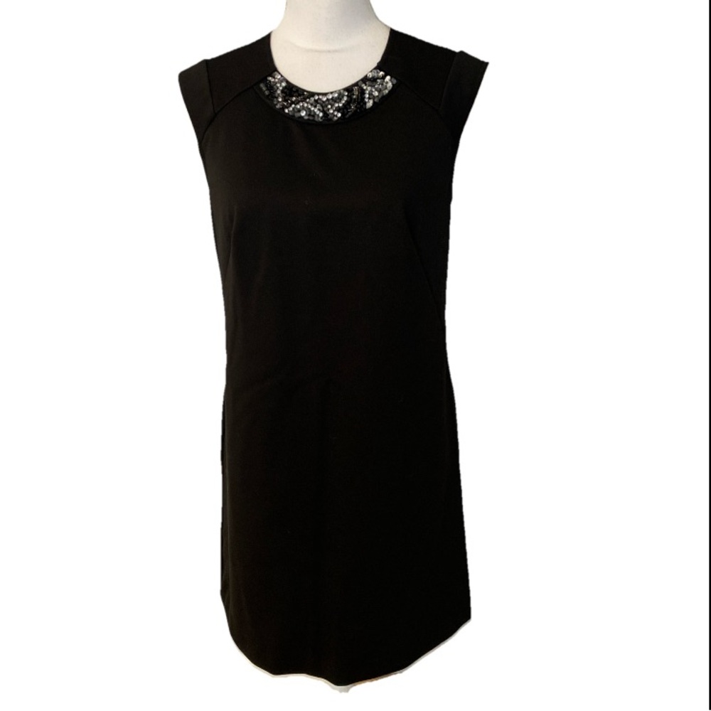 Ann Taylor Small Black Knit Sleeveless Shift Dress Embellish Sequin Cocktail